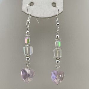 Cute Pink Heart Glass White AB Beaded Dangle Earring Silver Tone Stunning Boho